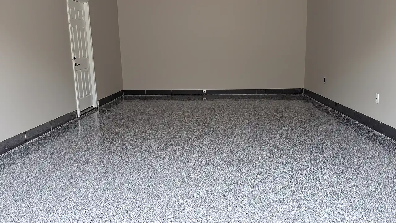 A two-car garage floor finished in grey flake epoxy under a glossy clear coat
